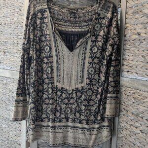 Lucky Brand XL Boho Tunic Blouse (Black, Medium Brown & Beige Tones) Brand New